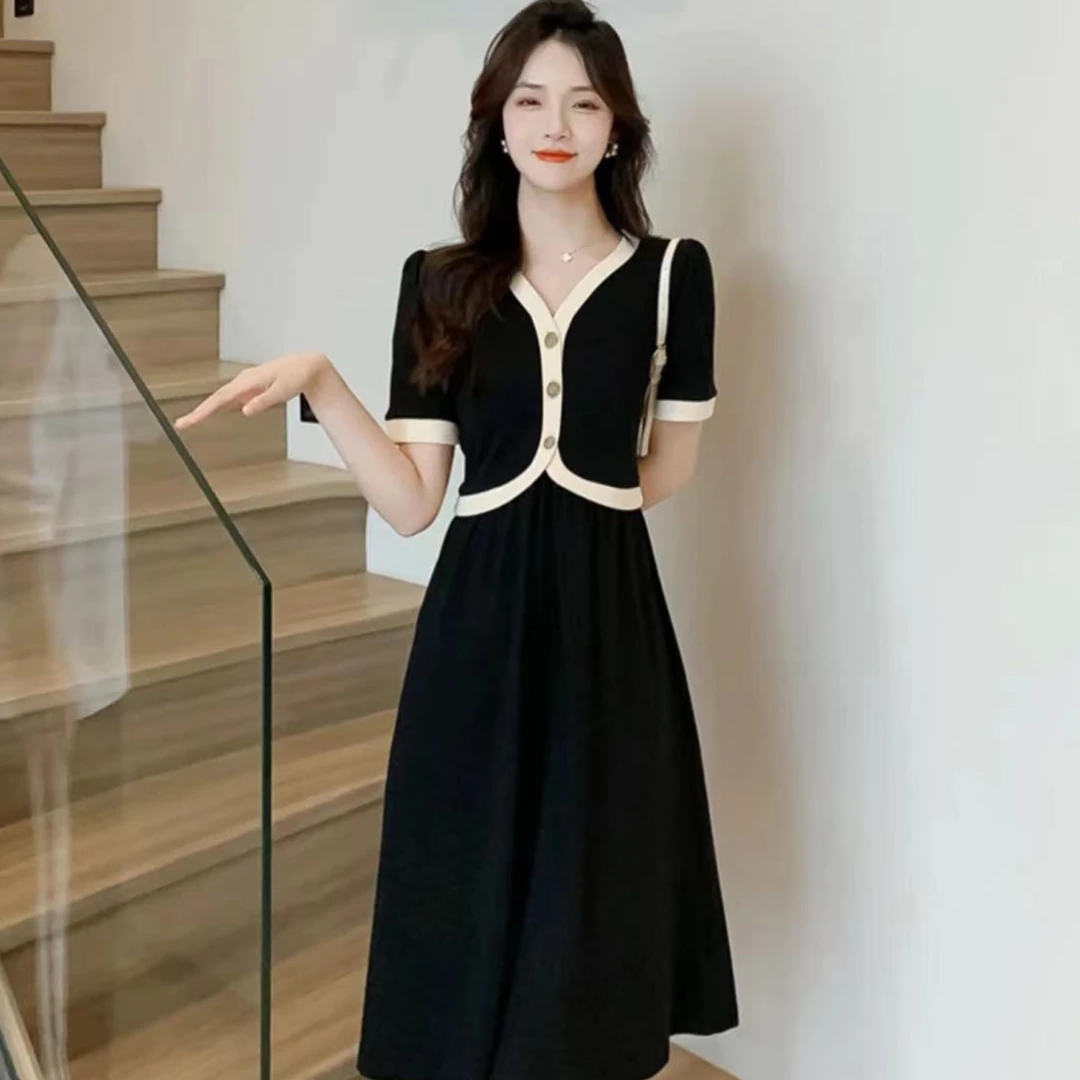 （现货）大码胖MM夏季新款小香风拼接v领大码连衣裙女显瘦裙子1289