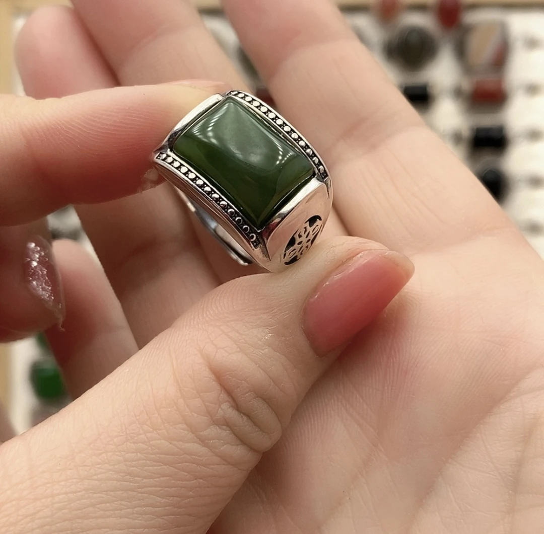 和田玉碧玉马鞍戒男戒复古风银925镶嵌开口戒