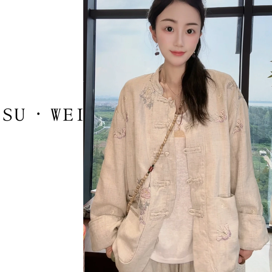 2287落肩袖女立领常规亚麻新中式短外套宽松唐装开衫外套提花