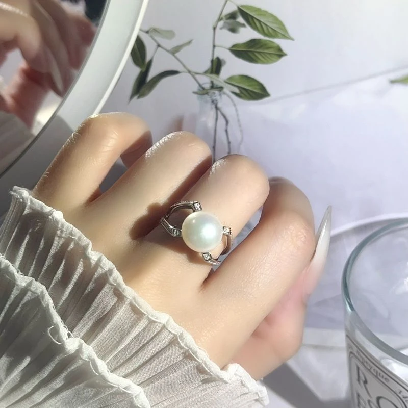 925银戒指 女热巴同款珍珠锆石开口指环时尚百搭高级感食指戒