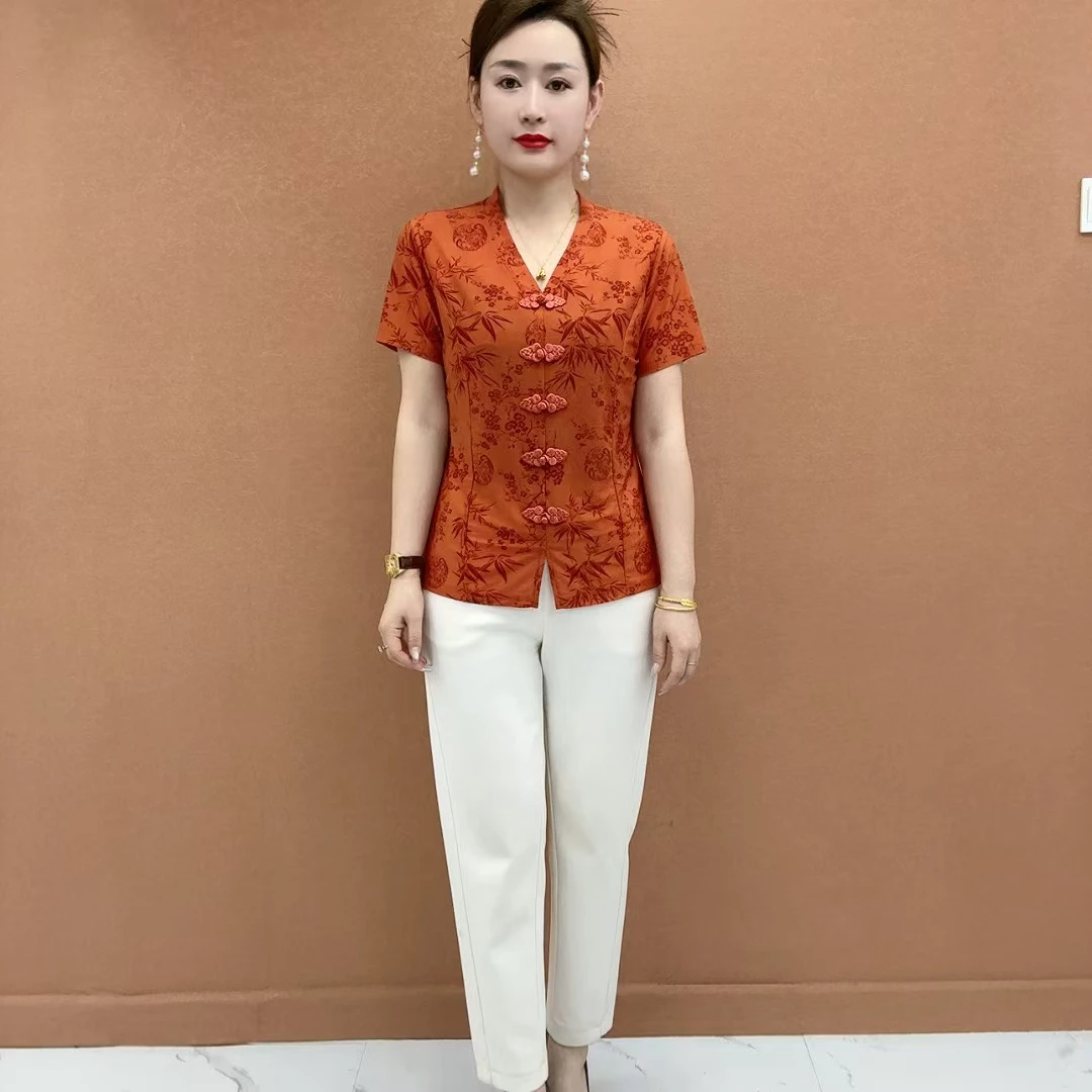 夏季新品国风盘口小衫显瘦气质妈妈装减龄百搭减龄短袖复古女上衣