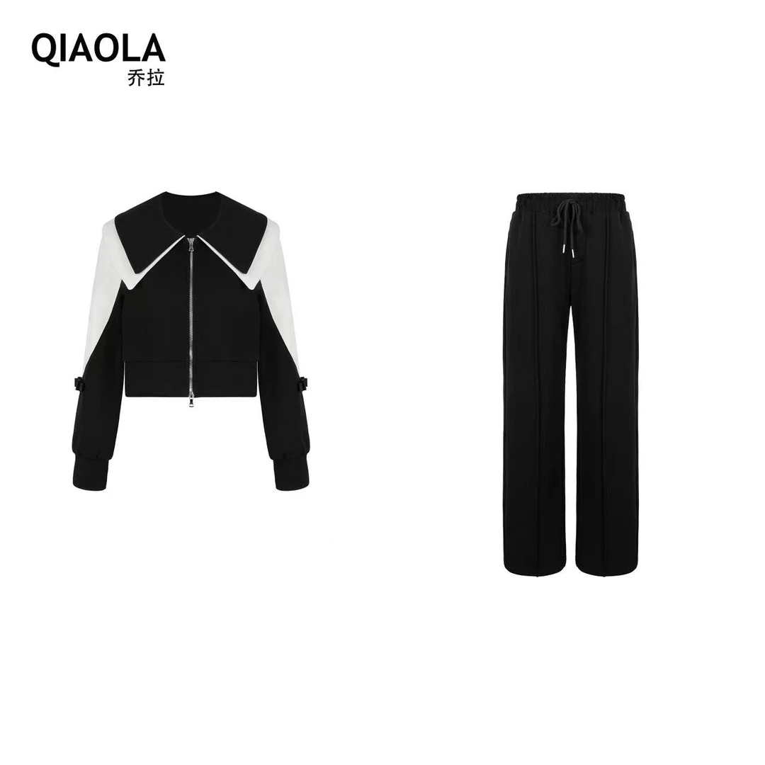 QIAOLA/乔拉【洁白重奏】秋冬款双层海军领拼色拉链减龄套装预售