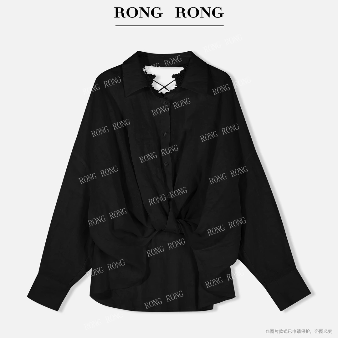 溶溶【清纯哲学】RONGRONG100亚麻拼接蕾丝前襟打结设计感衬衣25699