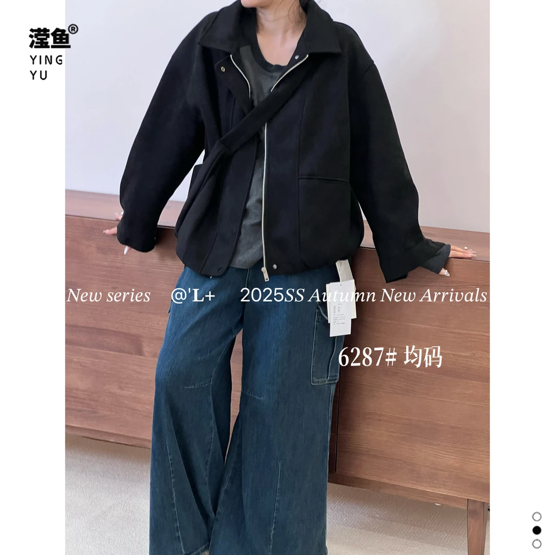 L+ L6287大码休闲时尚宽松显瘦外套简约设计感百搭上衣短外套女