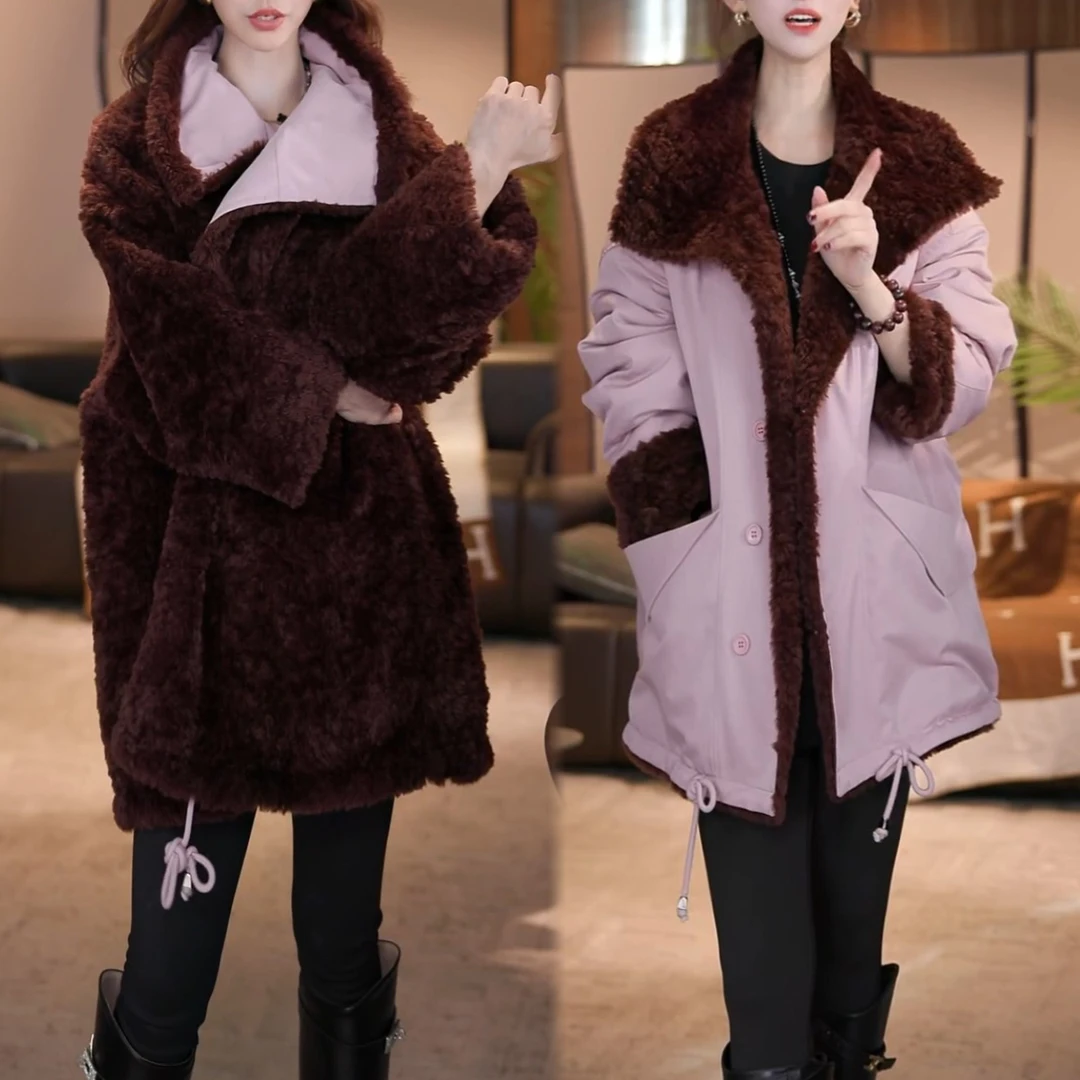 2025秋冬新款时尚毛毛拼接净版纯色显白双面双穿加绒保暖短外套女