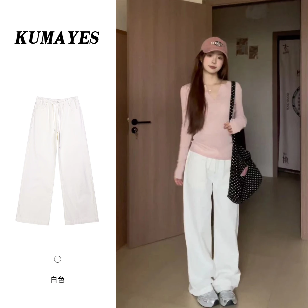 KUMAYES春低腰薄款抽绳百搭阔腿裤百搭拖地长裤宽松直筒休闲裤女