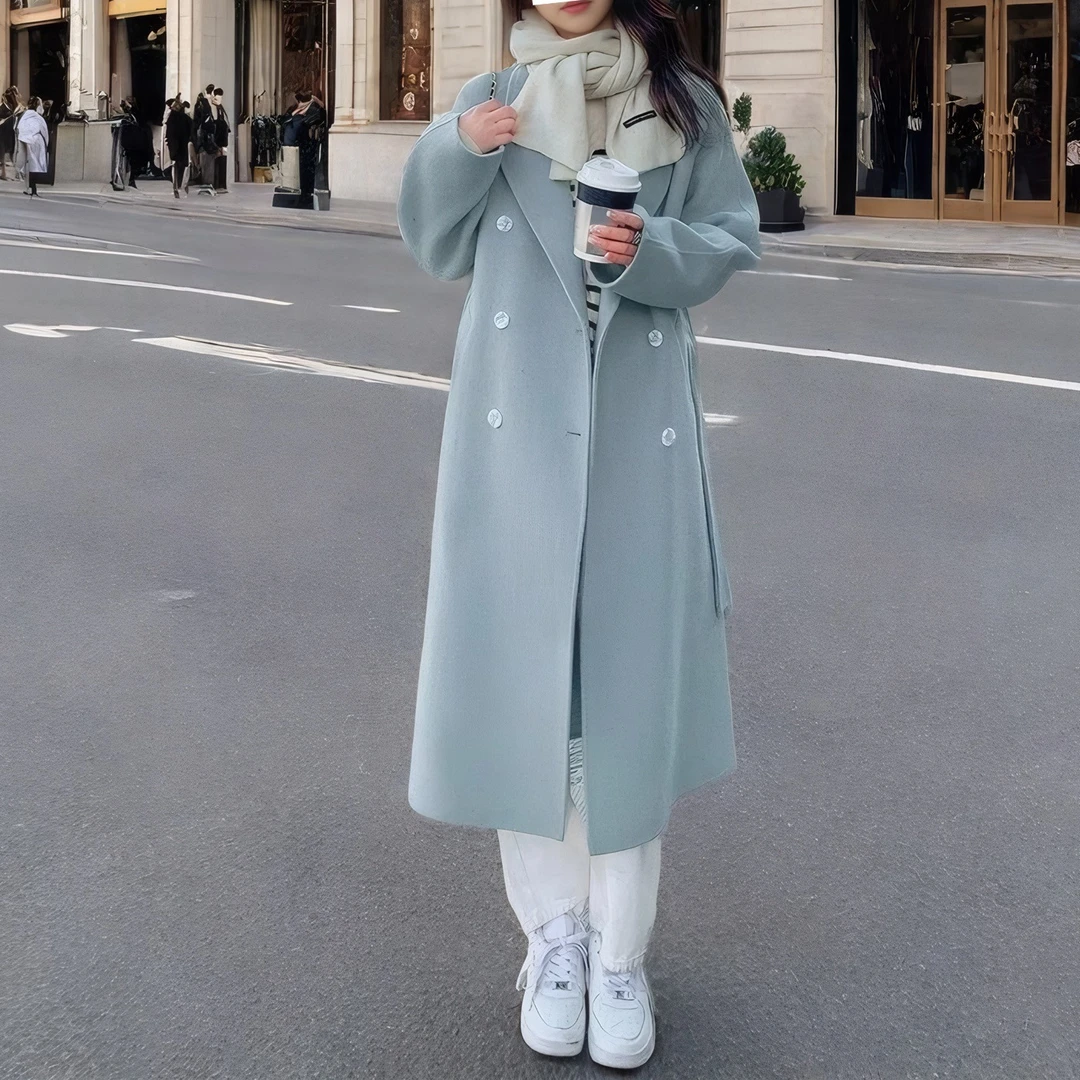 美女秋冬穿搭蓝色韩系通勤呢大衣2025年秋冬新款韩版宽松中长款系