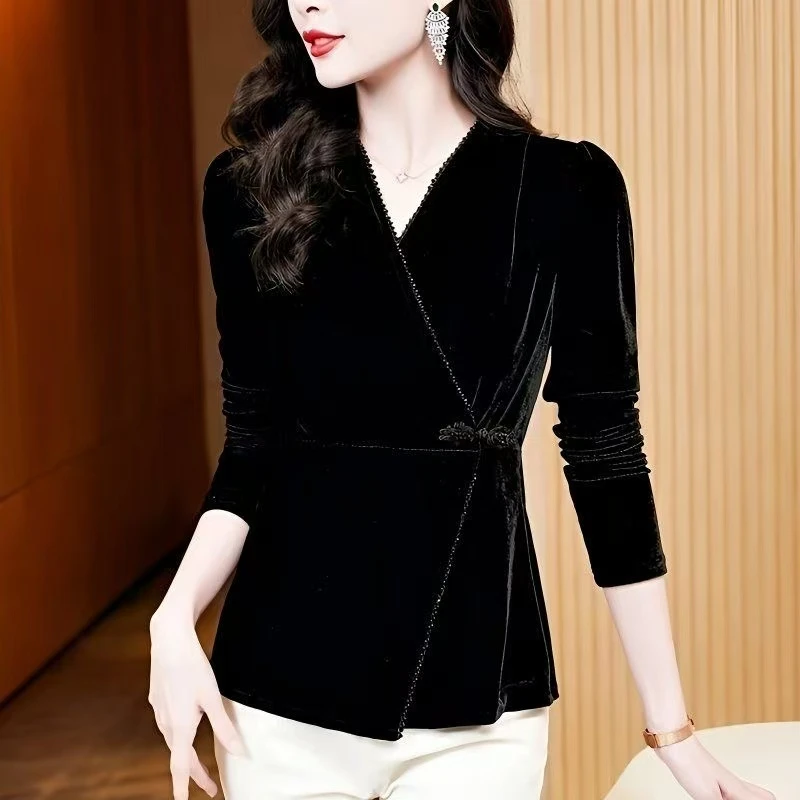 秋款款丝绒气质打底T恤常规保暖长袖珍珠轻职风V领