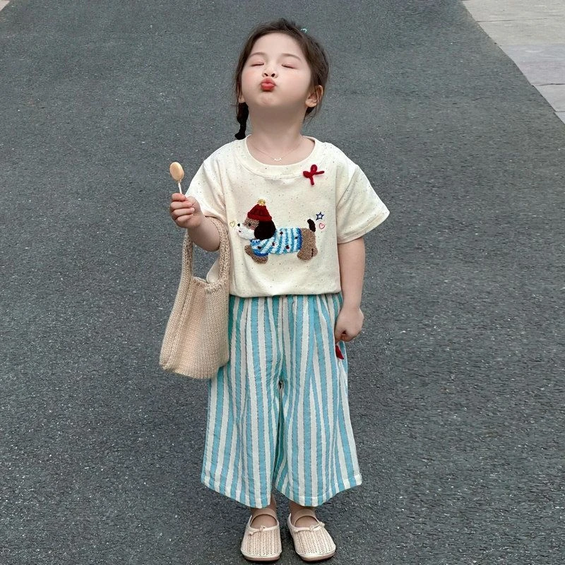 店铺热销【断码】女童短袖套装夏季2025新款洋气儿童半袖上衣阔腿裤