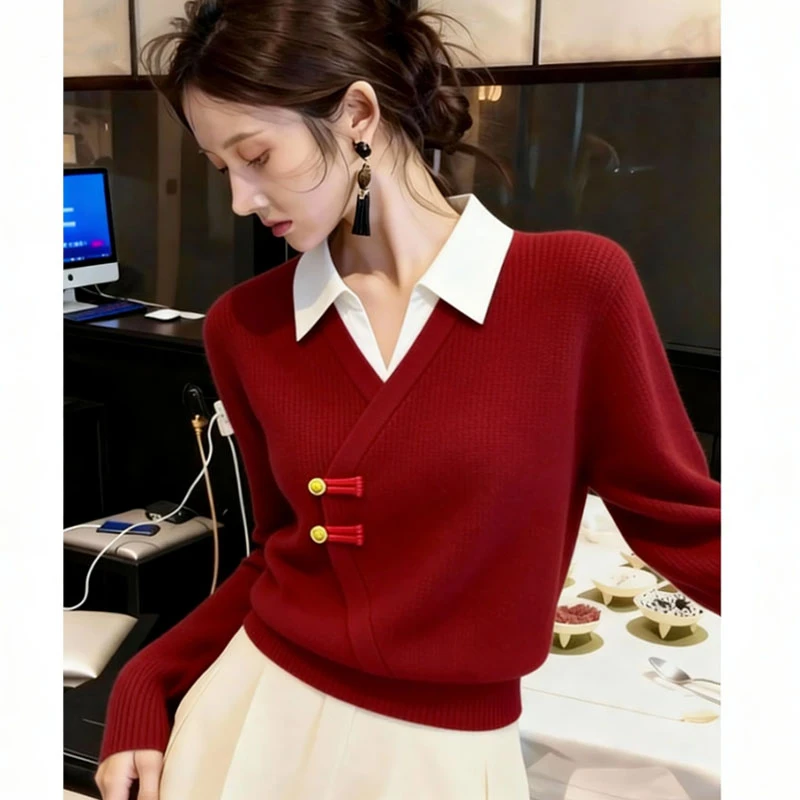 新中式国风假两件针织毛衣女秋冬季新款气质复古红色翻领打底上衣