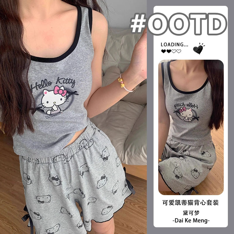清纯hellokitty百搭蝴蝶结背心套装睡衣女士夏季薄款带胸垫家居服