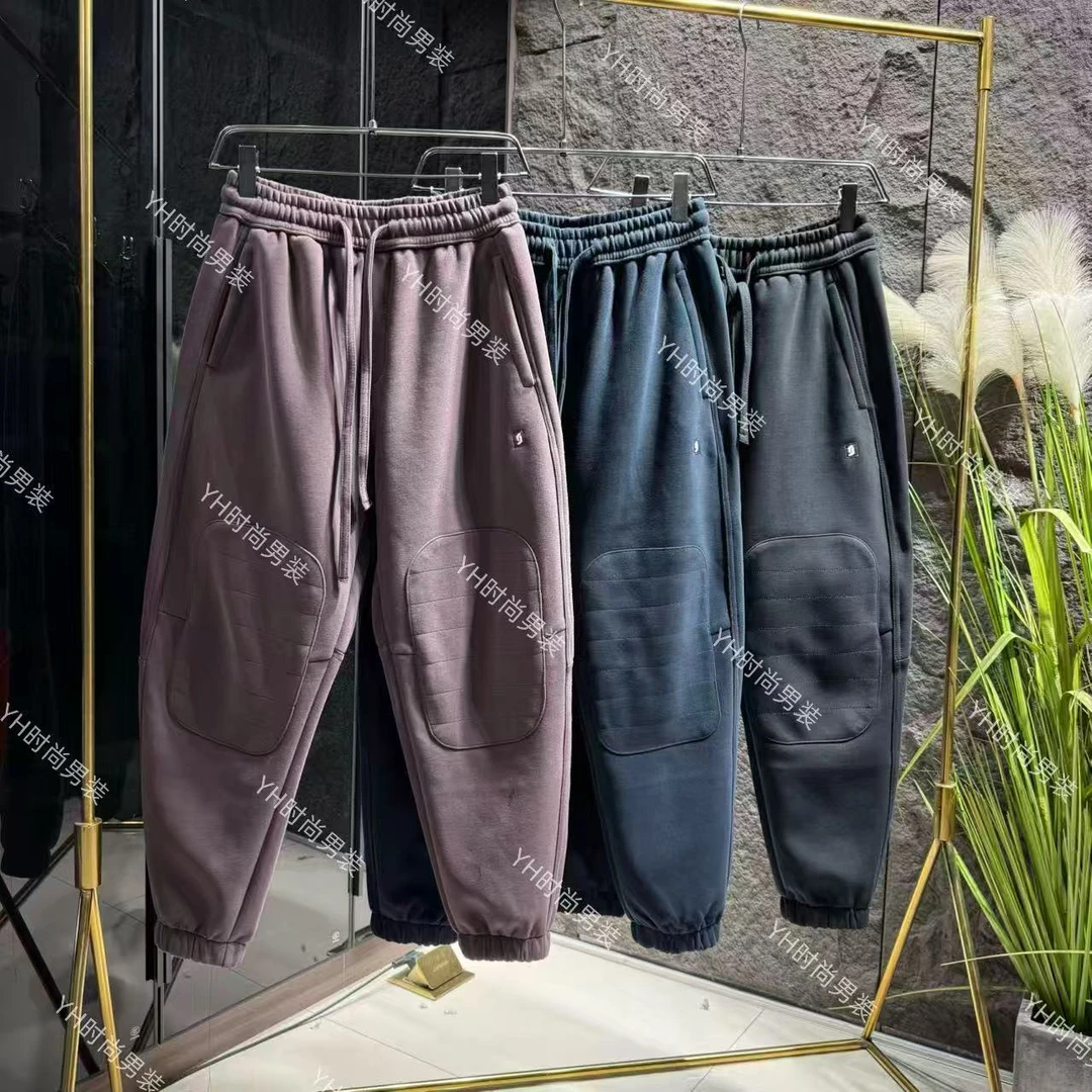 冬季新款时尚潮流加厚拉绒刺绣弯刀束脚卫裤宽松休闲百搭男士长裤