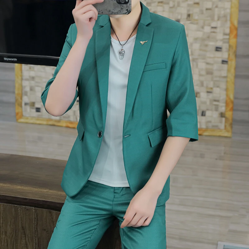 现货韩版中袖西服套装男士2025夏季新款短袖西装百搭休闲裤两件套