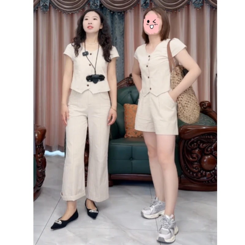 【静静女装】【套装】女夏季新款洋气减龄长短任选阔腿裤两件套