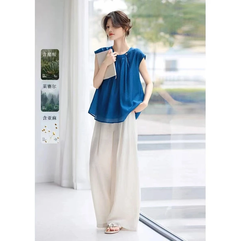 莱赛尔亚麻时尚套装女2025年夏季今年流行的多巴胺穿搭两件套