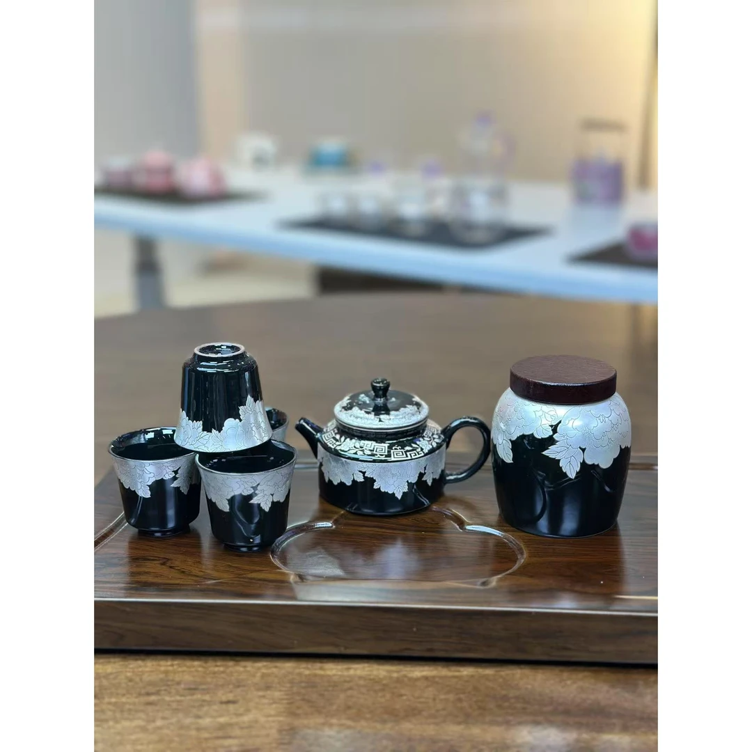 黑地银牡丹德钟壶+茶叶罐+四杯+实木茶盘@z823