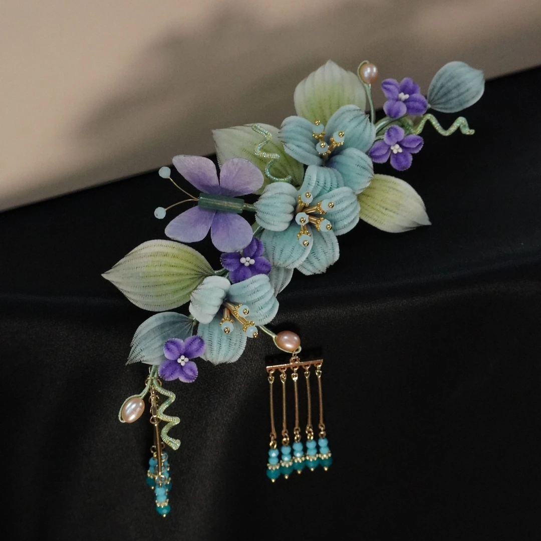 【胖绒孤品专场D3】发夹蓝色非遗绒花手工南京绒花发饰头饰新中式