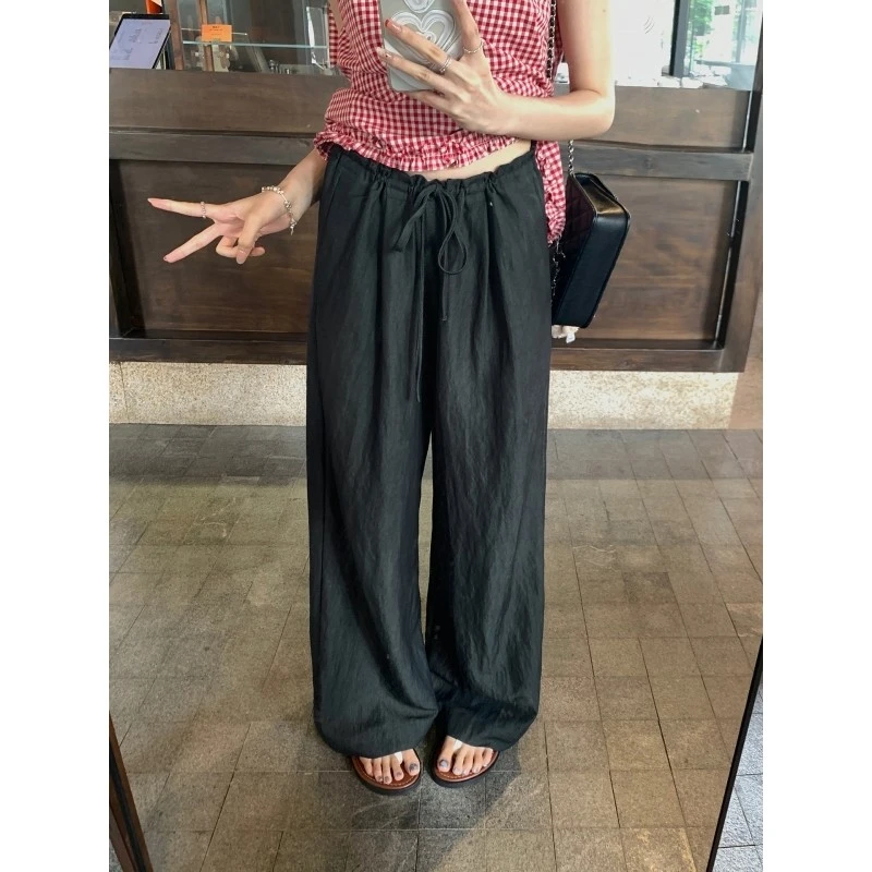 乌77松弛感舒适通勤百搭抽绳阔腿休闲裤女慵懒高腰显瘦直筒长裤夏