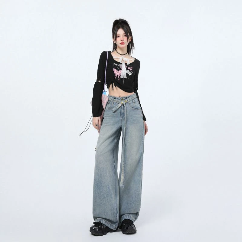 浅色高腰阔腿牛仔裤女春季2025新款宽松百搭设计感直筒显瘦拖地裤