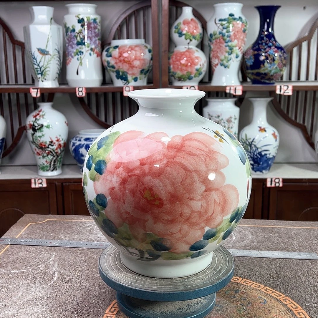 摆件景德镇陶瓷石红牡花