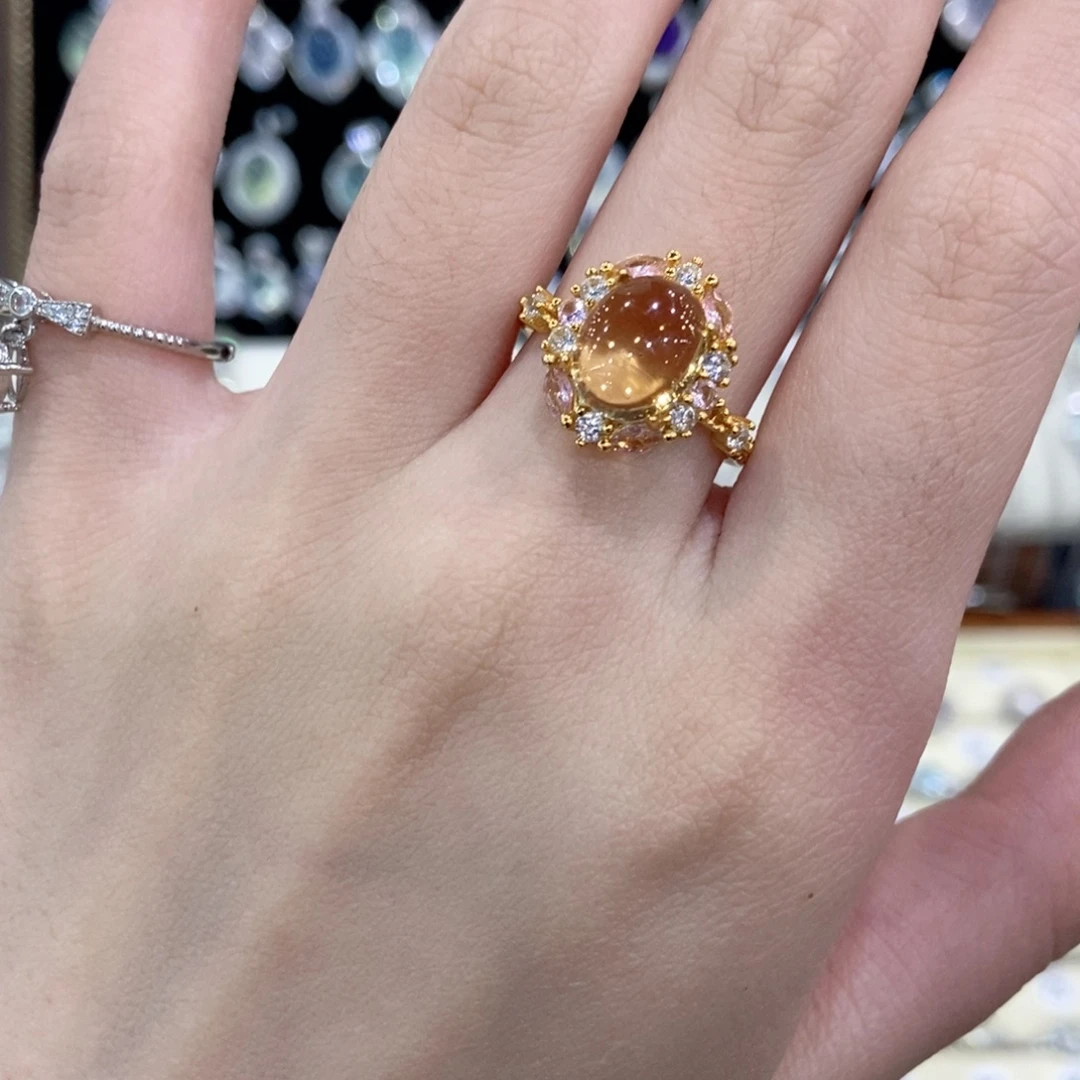 黄晶银S925镀金镶嵌戒指