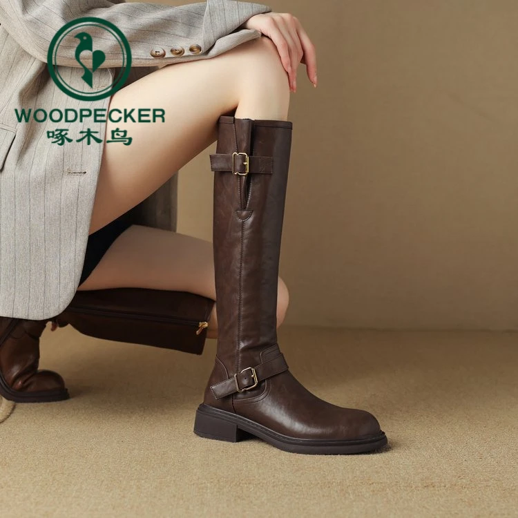 啄木鸟厚底长筒靴女2025新款秋冬季显瘦不过膝西部牛仔高筒骑士靴