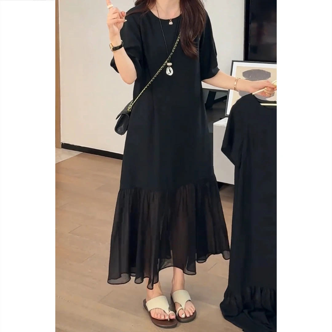 艾塔莉夏季女气质薄纱大码连衣裙圆领中袖中长款百搭法式宽松长裙
