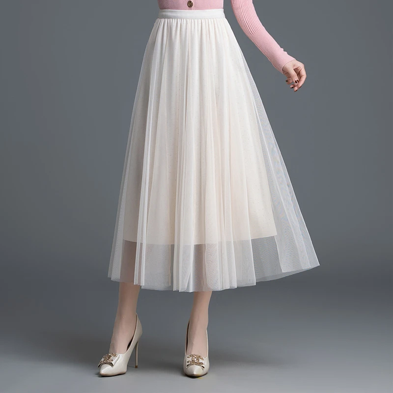 半身裙女网纱春季2025夏新款小个子中长款裙子高腰a字百褶双层裙