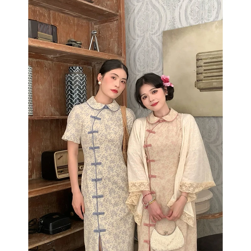 【青瓷语蝶】新中式春夏新款小个子改良旗袍盘扣开叉连衣裙女77189