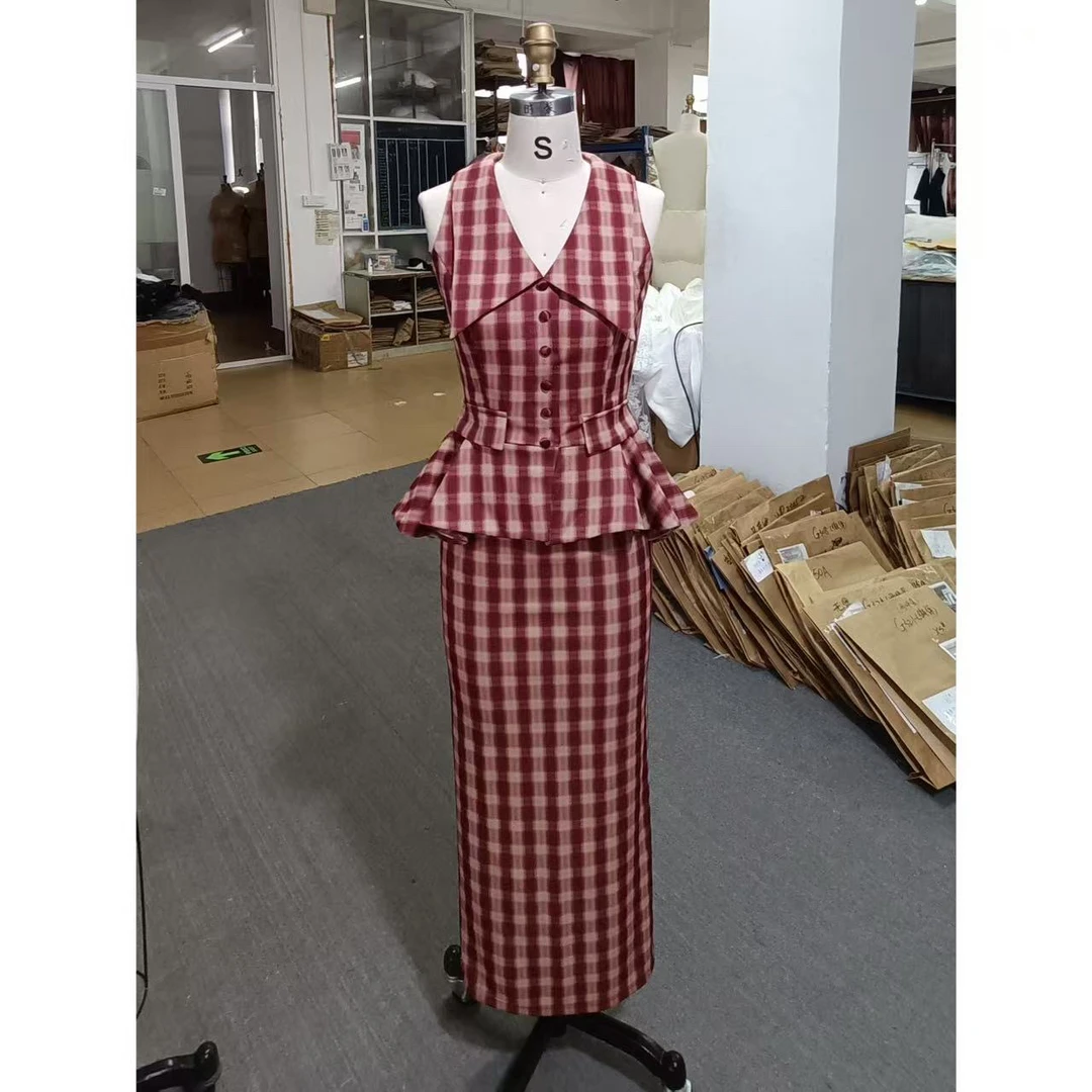 美人鱼【红格子】法式格子港风浪漫复古包臀夏季上衣搭配鱼尾裙套装