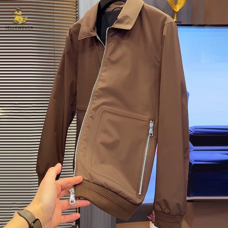 秋季流行款拼接大口袋翻领时尚夹克男士修身欧货轻奢百搭外套