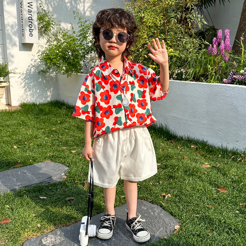 男童夏装短袖套装2025新款儿童装夏季港风花衬衫薄款短裤帅气衣服