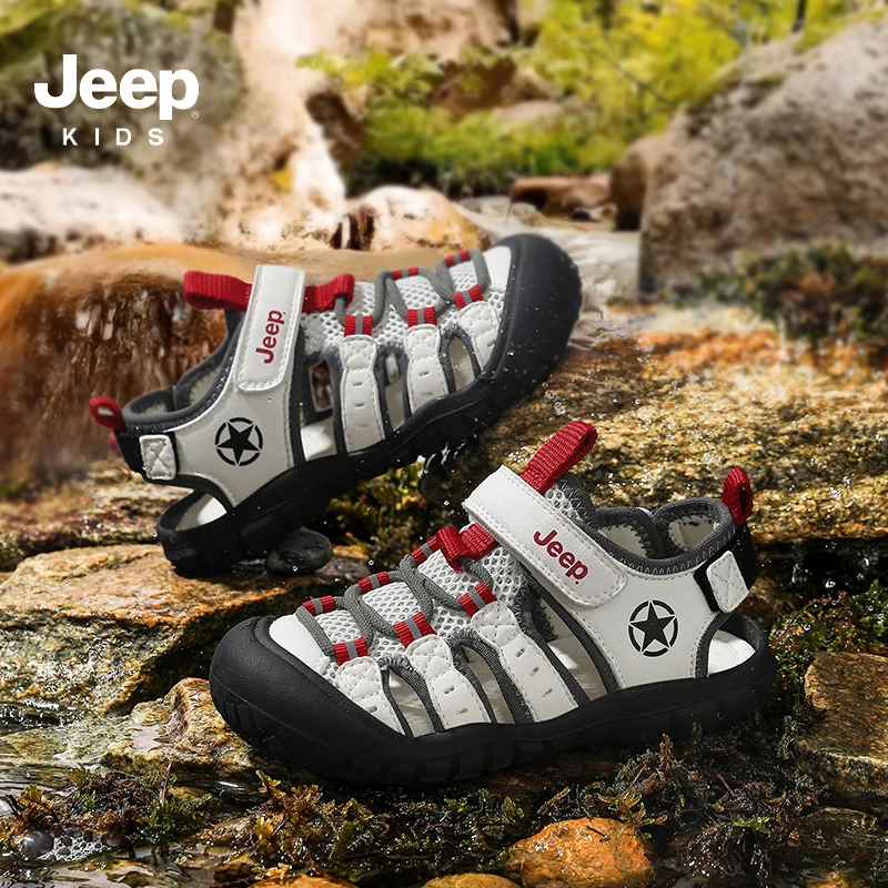 凉鞋男鞋子镂空夏季jeep魔术贴软底男童包头夏季沙滩鞋休闲运动