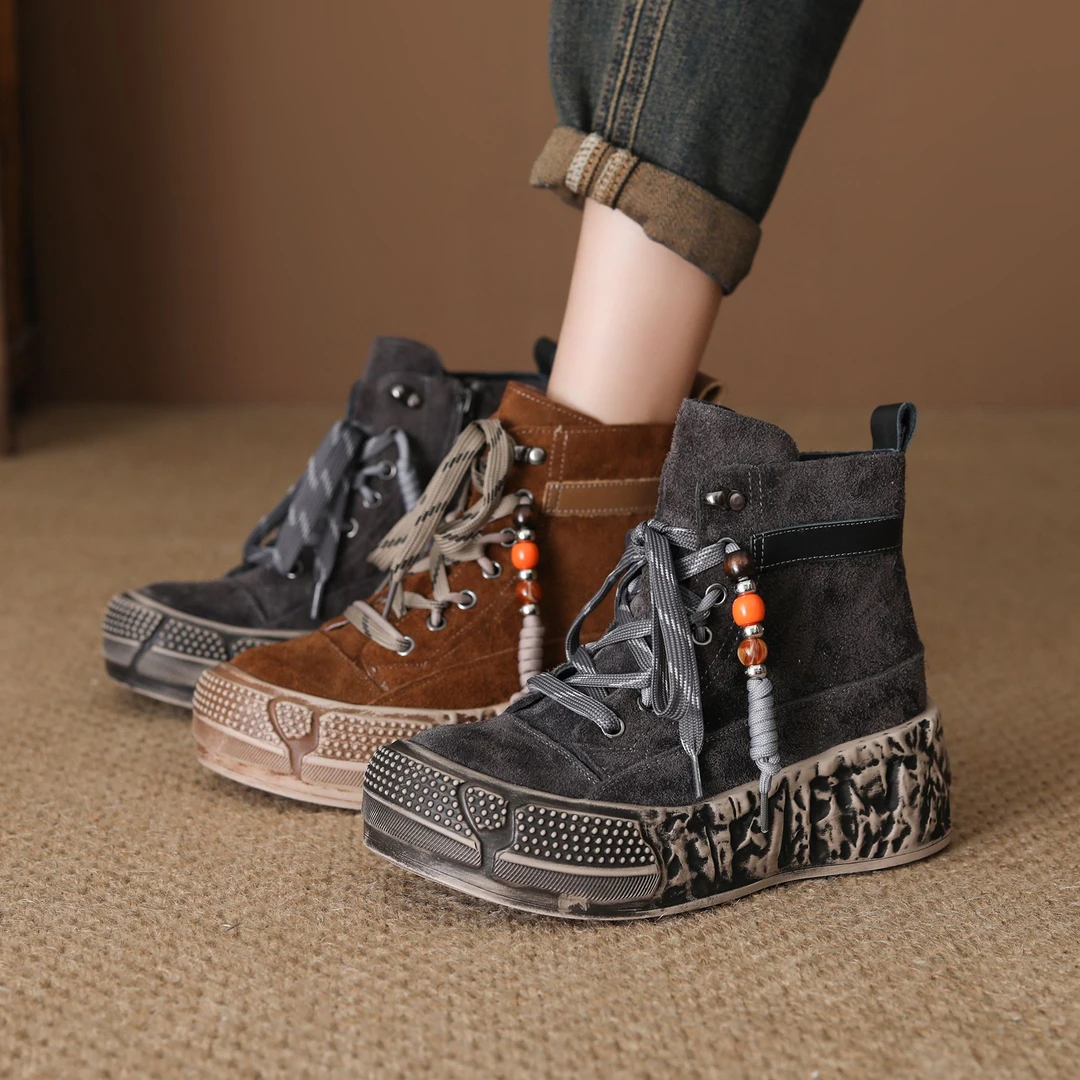 头层牛皮高帮鞋女厚底潮流2025新款秋季真皮马丁靴百搭韩版短靴