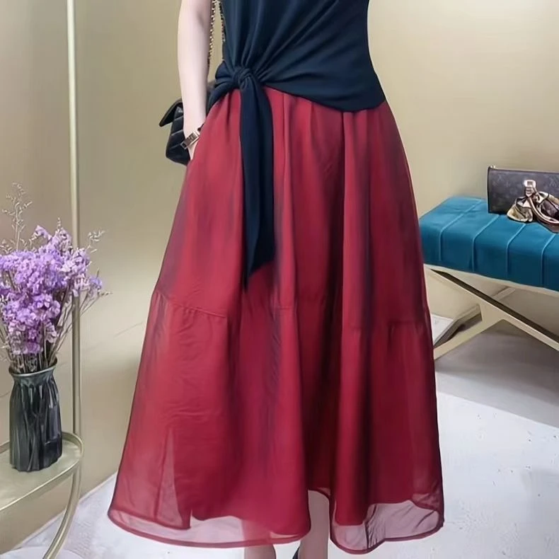 高级气质红色半身裙女夏季2025新款小个子纱裙法式沙滩雪纺裙子长