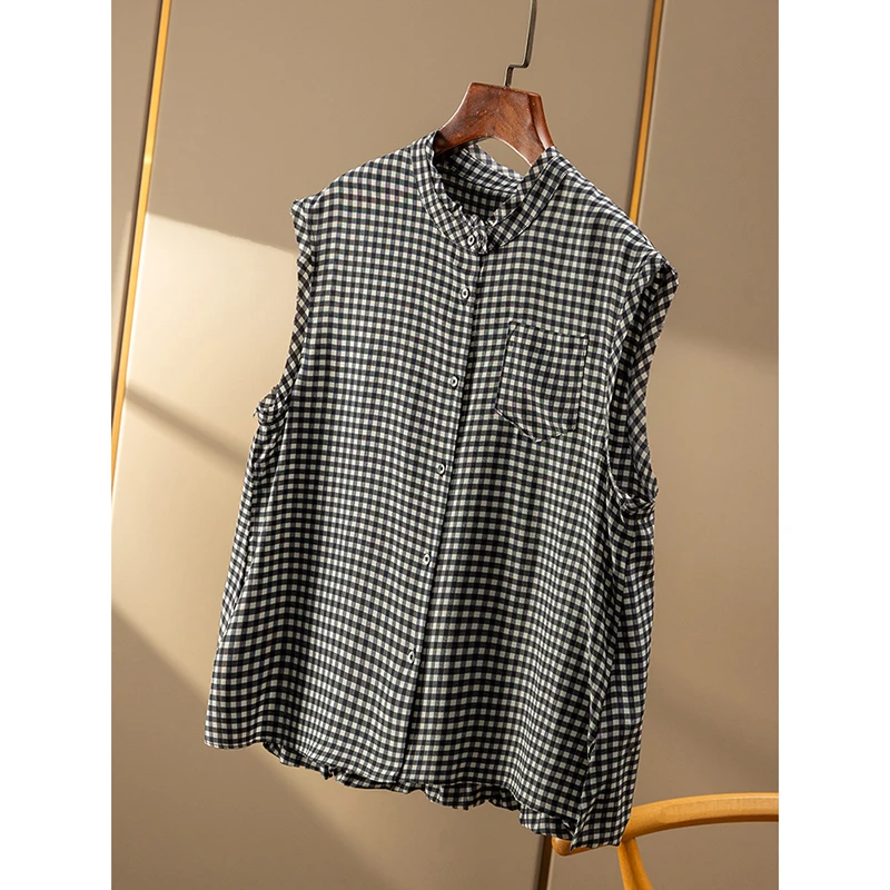 春天家 双层真丝！ 法柜轻奢通勤真丝黑白格无袖背心衬衫女1Y45