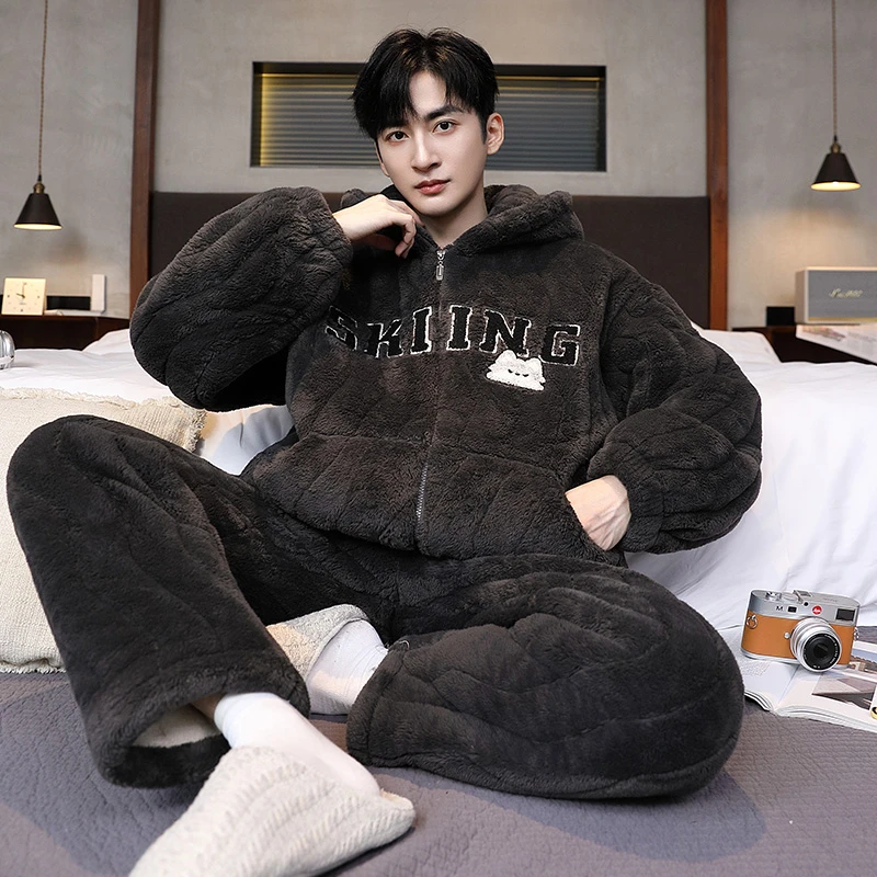 男士睡衣秋冬季三层夹棉加厚加绒珊瑚绒连帽保暖家居服套装可外穿