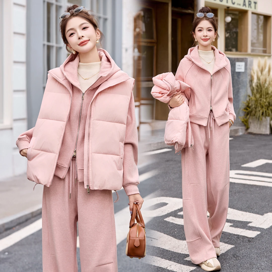 棉服女棉袄马甲卫衣三件套女休闲套装2025冬季新款加厚保暖套装潮