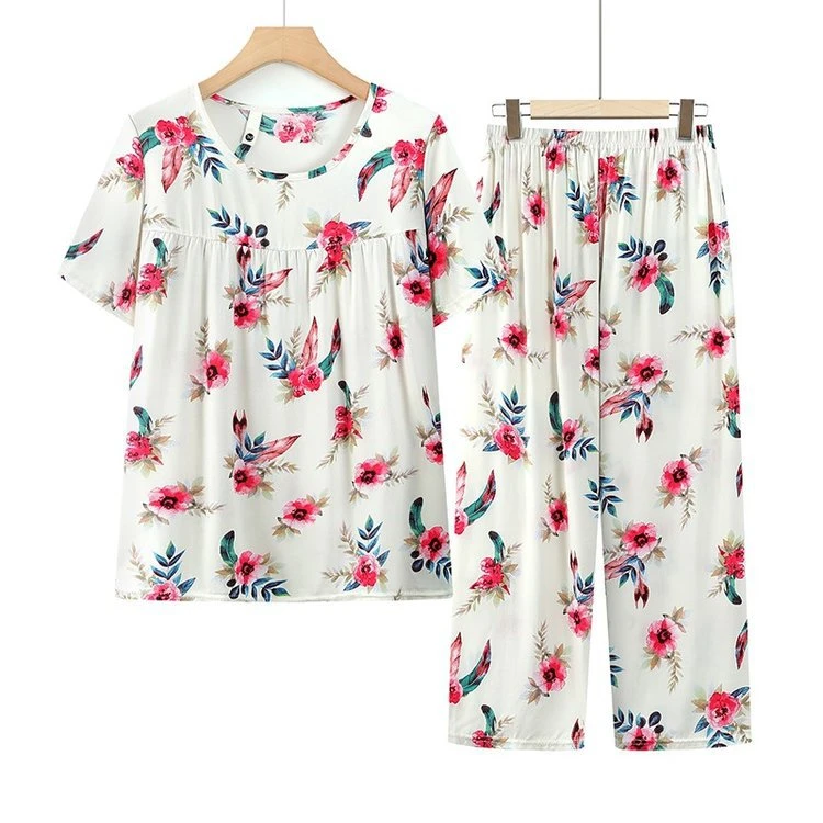 胖妈妈棉绸套装加肥加大码短袖奶奶装中老年人夏季绵绸家居服套装