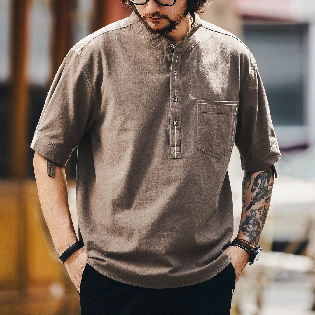 格蓝鹿高端潮牌文艺复古立领短袖衬衫男款宽松夏季亚麻休闲衬衣男