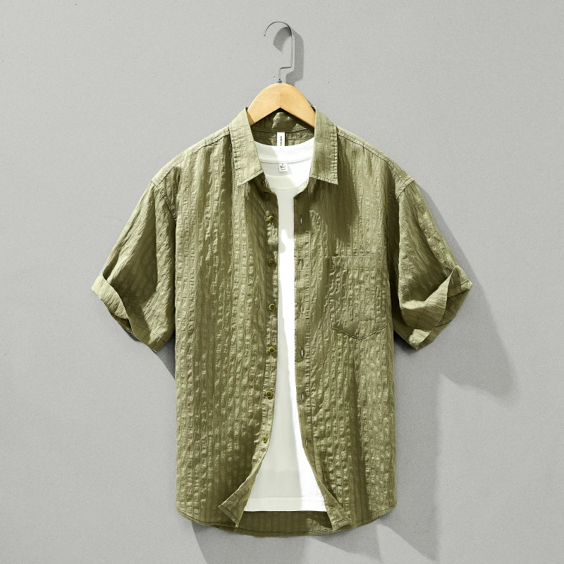 帅气复古夏季衬衣男宽松复古男士衬衫短袖日系休闲薄款上衣时尚