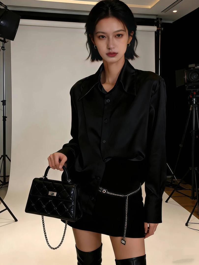 【黑玫瑰】春秋新款上衣设计感小众百搭宽松御姐气质时尚缎面衬衫女