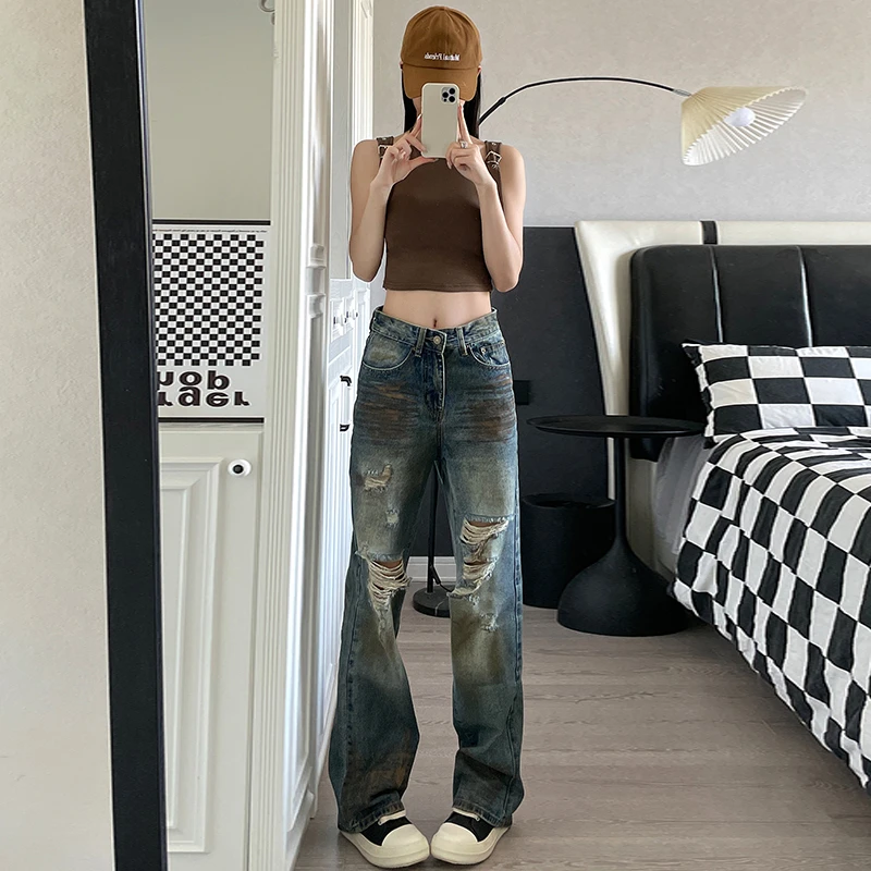 裤长110cm 秋冬新加长美式复古破洞牛仔裤女高个子废土风做旧裤子
