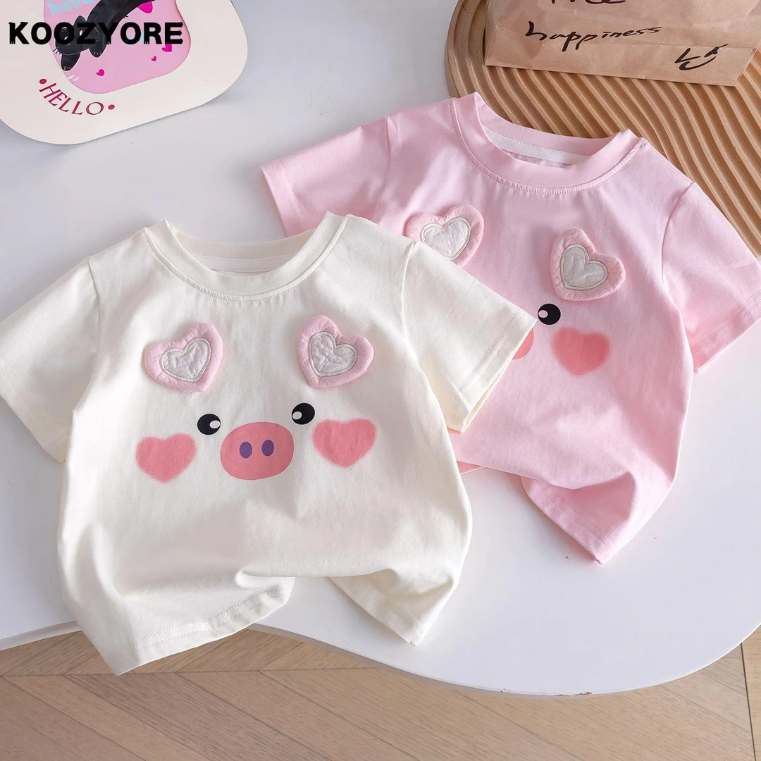 韩系女小童可爱洋气百搭短袖T夏新款宝宝夏装爱心小猪上衣打底衫2