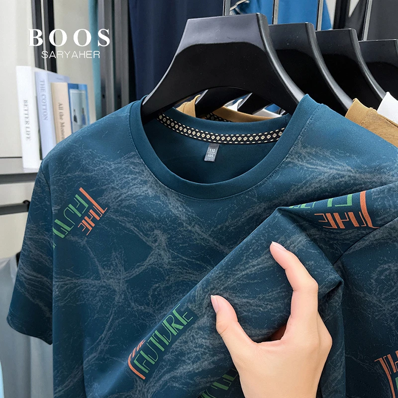 BOOSSARYAHER夏季冰丝印花短袖圆领T恤男士商务休闲百搭体恤衫