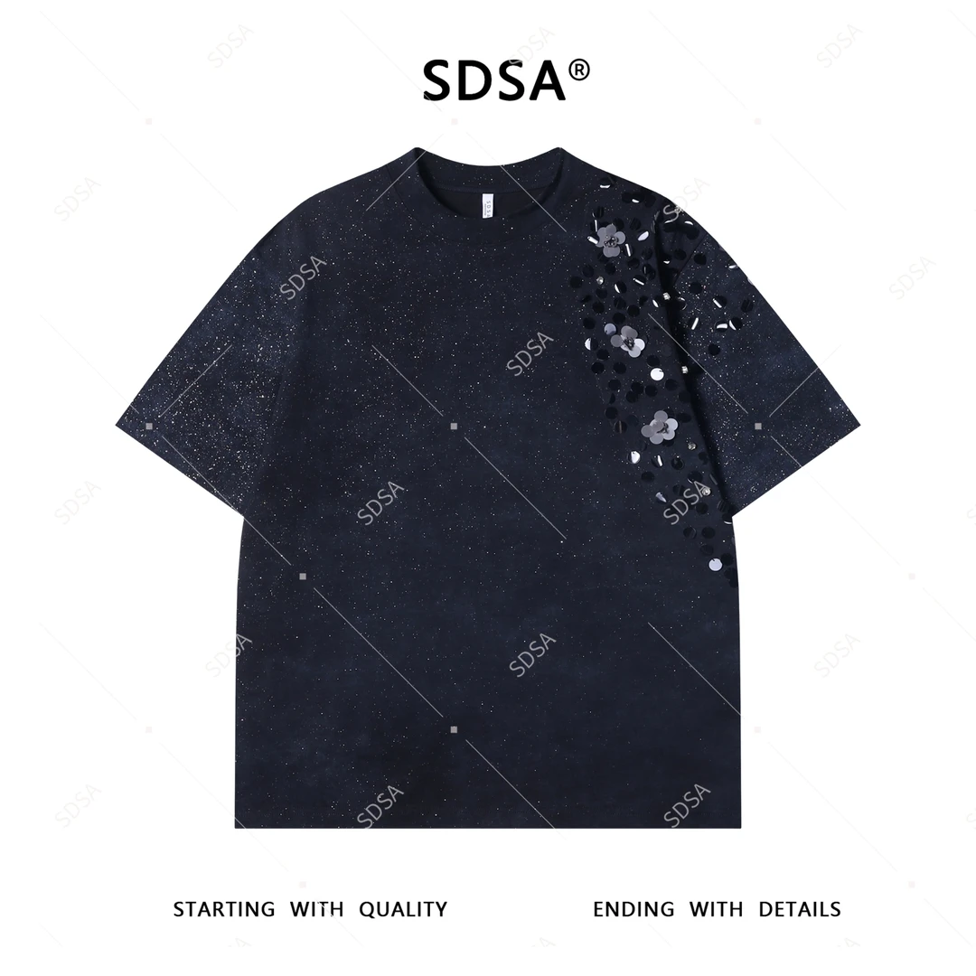 夏季高级感新款男士美式满天星亮片设计短袖T恤时尚嘻哈圆领上衣