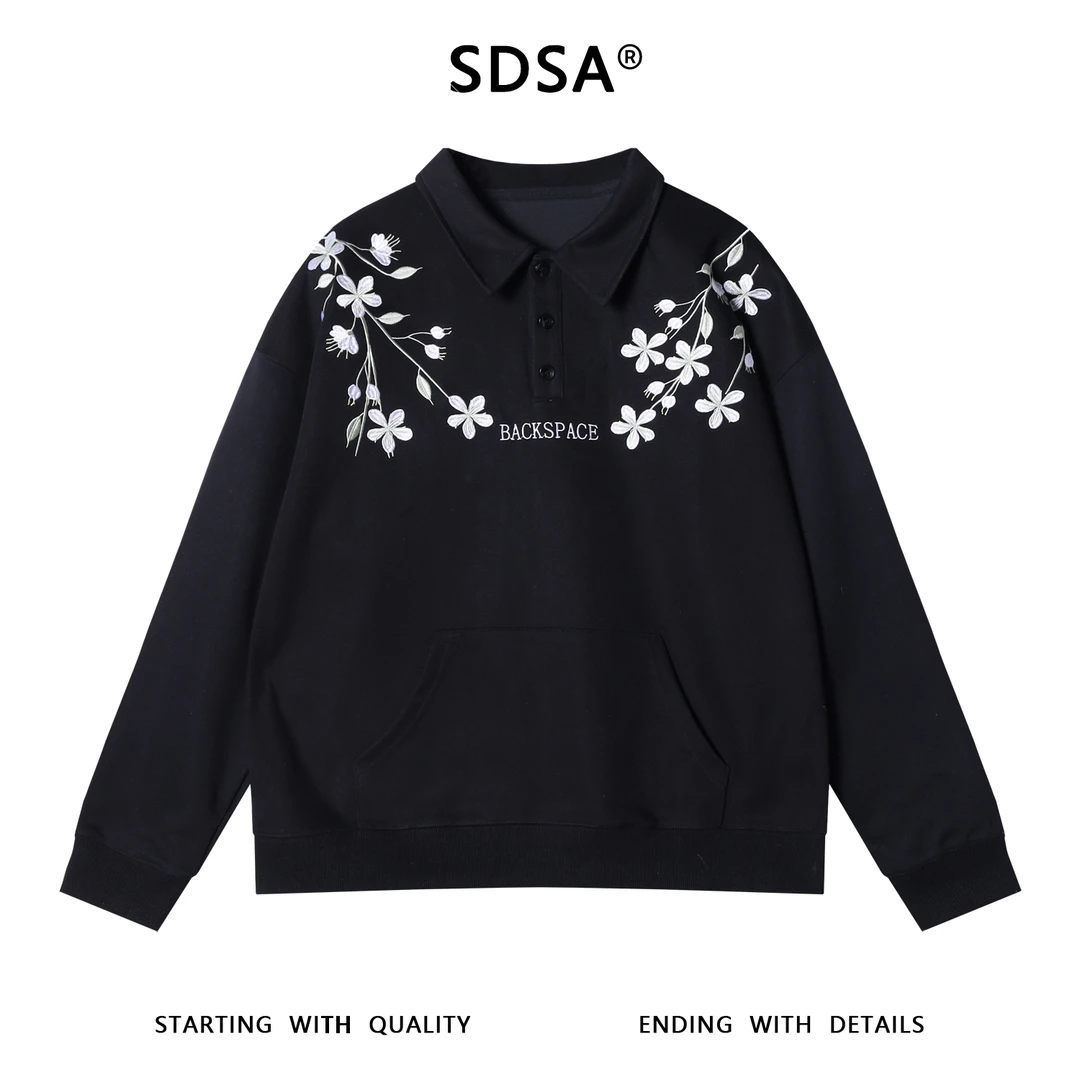 SDSA男士秋冬新款痞帅男装潮牌简约刺绣花卉polo领卫衣百搭时尚