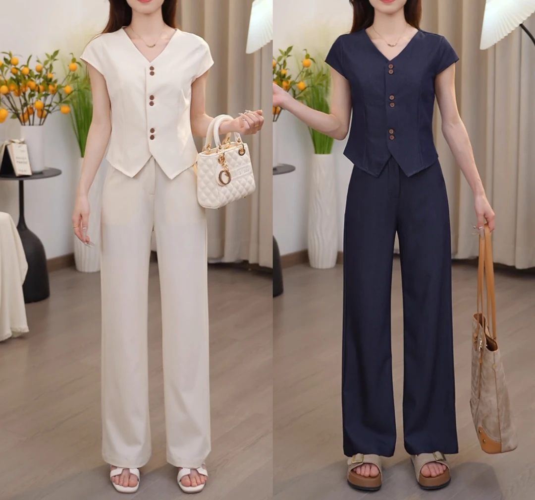 时尚气质休闲两件套装女夏季薄款短袖马甲背心上衣休闲阔腿直筒裤