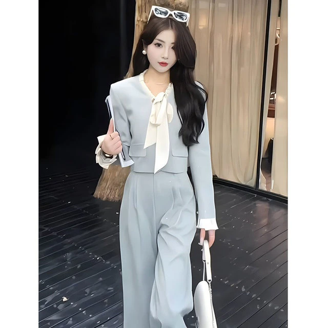设计感V领蝴蝶结短款西装外套阔腿裤两件套女士春季新款时尚套装