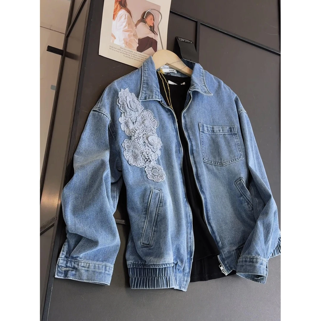 新款蕾丝拼接水牛仔外套女宽松美式风夹克